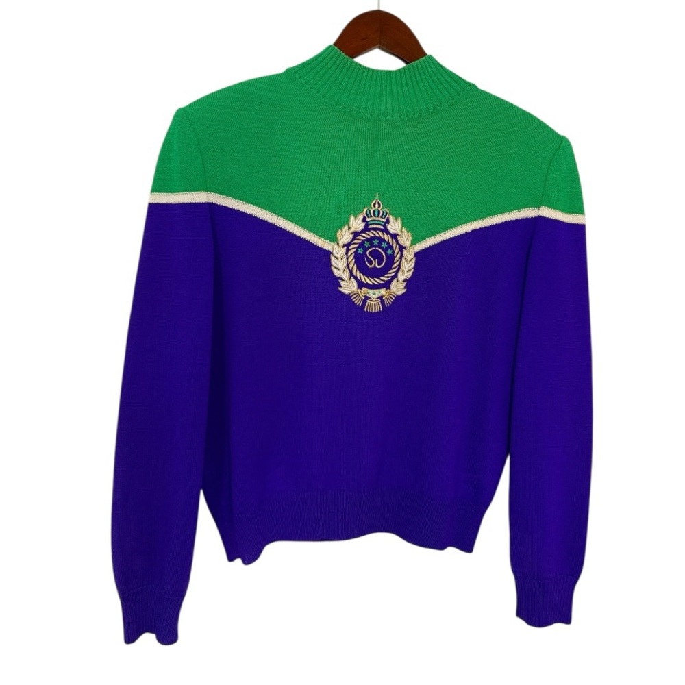 St. John Collection Green & Purple Knit Sweater Crest Logo Size M - Picture 2 of 7